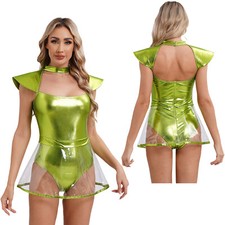 UK Womens Space Alien Costume One-piece Shiny Metallic Skirted Leotard Halloween