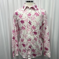 JEFF BANKS White & Pink Floral Long Sleeve Pure Cotton Shirt 48” Chest