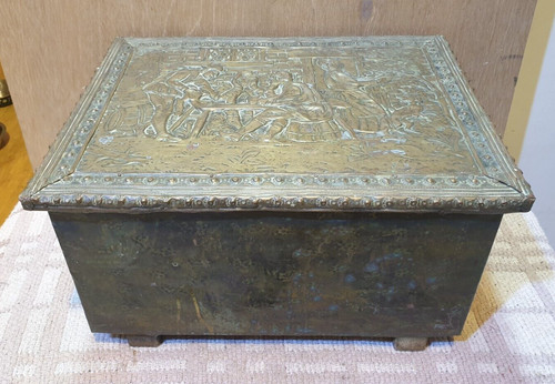 Vintage brass wood scuttle - wood,
