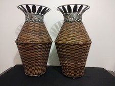 Pair Vintage Woven Wicker Floor Standing Vases with Flanged Metal Tops