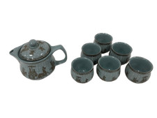 Vintage Chinese Style Ceramic Teapot Set with 6 Cups and Infuser Pre owned 