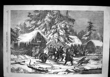 Old Antique Print Bear Hunting Sweden Shooters Dogs Sleigh Hut Snow 1856 19th