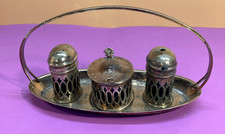 Art Deco Silverplate Cruet Condiments Set with Blue Liners, Vintage full set