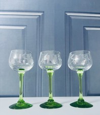 Vintage 3 X Green Stemmed Etched Liqueur Sherry Glasses 4” Tall 