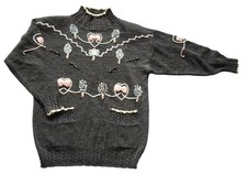 Vintage Jumper 80s Womens Grey Knitted Pattern Retro Indie Boho 14