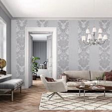 9.5M Luxury Designed Sliver Grey Embossed Flocked Textured Non-woven Wallpaper