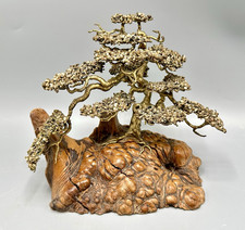 Signed Vintage Leblanc Bonsai Tree Burr Wood Metal Stone Sculpture Gemstone Tree