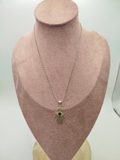 Vintage 925 sterling Silver Hamsa Hand Pendant with Onxy Devil Eye & Necklace