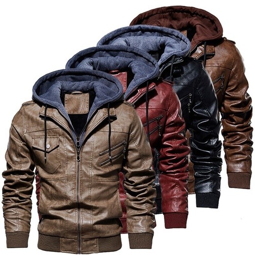 Men hooded leather - men's, jacket