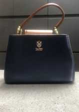 Genuine Small Navy & Tan Leather Top Handle Bag, Vera Pelle, Italy