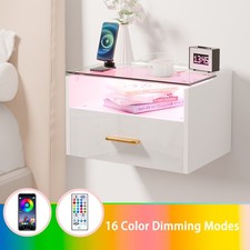 LED Floating Bedside Table Wall Mounted Nightstand w/Power Station &Drawer White