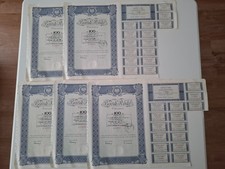 Share Certificates X5  Bank Polski 100ZL 1934 + coupons Nos 456003 to 456007  