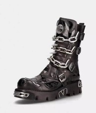 New Rock Unisex Black Leather Boots Skull Chain Flame Reactor Boots