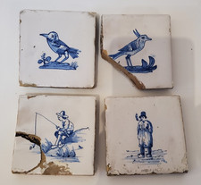ANTIQUE DELFT POTTERY TILES X 4  - SMOKING MAN / BIRDS / FISHING  -  3 in sq.