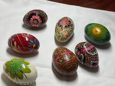 Collectables Vintage Job Lot Ukrainian Pysanky Hand Painted Wood Easter Eggs x7