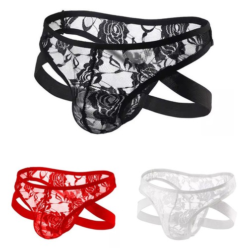 Mens transparent lace thong - transparent,