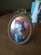 Antique Enamel Painting Miniature Brass Ornate Oval Easel Fabric