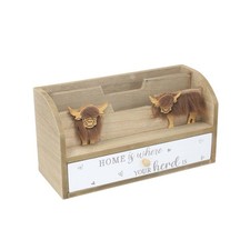 Wooden Letter Rack with Drawer Highland Cow Brown Desk Organizer Letter Holder