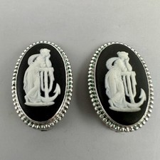 Wedgwood England Black Cameo Clip On Earrings Oval English Jaw Sterling Silver