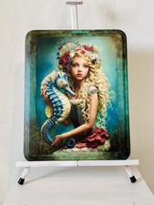 Upcycled Table Top Made Into Wall Art Decoupage Hand-painted Mermaid  & Seahorse