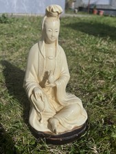 Guanyin Quan Yin Vintage Resin Statue Wooden Base Buddhism Chinese Sculpture