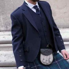 Men's Navy Blue Wool Kilt Jacket With Waistcoat Argyle Wedding Kilt Jacket