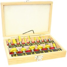 Pro Quality 15pc 1/2inch Shank Router Bit Set in Illustrated Wooden Box Case