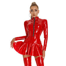 UK Womens Wet Look PVC Leather Bodycon Mini Dress Latex Zipper Club Party Dress