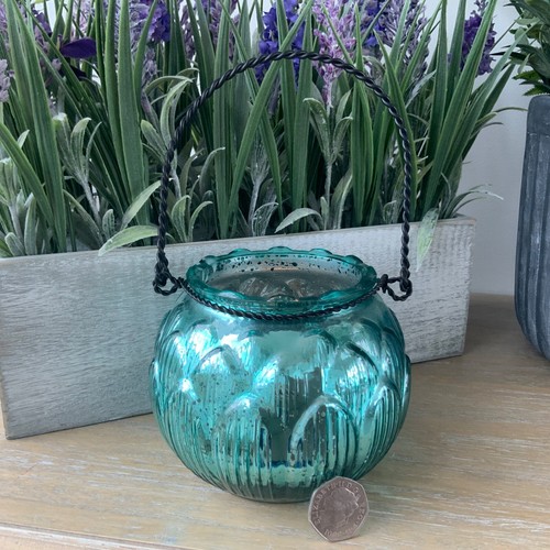 Purple aqua glass candle - or,