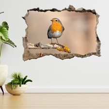 Robin Bird Standing On A Branch 3d Smashed View Wall Sticker Poster Decal A321