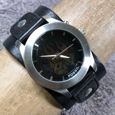 Fossil Big Tic Men JR-8282 Burning Dice Animated Cuff Leather Quartz Watch 8"