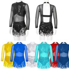 UK Kids Girls Sequin Tassel Leotard Dress Mesh Splice Latin Tango Dance Costume