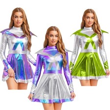 Women's Alien Dress Up Halloween Robot Costume Holographic Metallic A-Line Dress