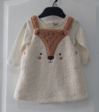 TU Baby Girls 0-3 Months Bucle Deer Pinafore Dress & Bodysuit 2 Piece Outfit