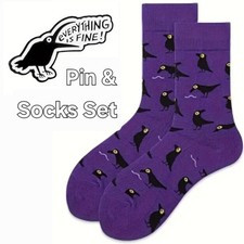Cute Purple Crow Socks + Pin