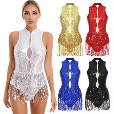 Womens Sequins Tassel Leotard Sleeveless Backless Fringed Bodysuit Dance Costume