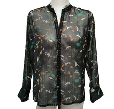 BNWT Miss by Captain Tortue Black Print Sheer Shirt Size S Long Sleeve
