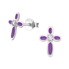 925 Sterling Silver Cross Purple Crystal Stud Earrings - Gift Pouch 