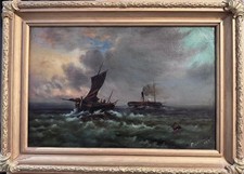 Antique 1875 oil painting nautical ships on stormy sea signed framed