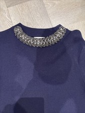 BNWOT Ladies Navy Blue Rhinestone Embellished Neck Paraphrase Knitted Dress Lge