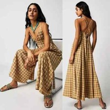 Free People Kaia Plaid Wide Leg Jumpsuit Size M RRP $128