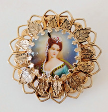 Georgiana lady miniature hand painted watch fob Antique gold cameo Brooch 