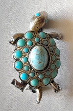 Vintage Silver Tone Turtle Brooch with Faux Turquoise Stones