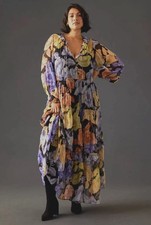 Anthropologie The Marais Printed Chiffon Maxi Dress Purple Floral Womens Size XL