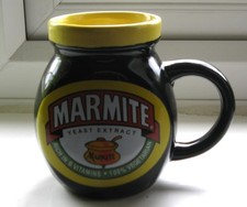 Collectable Large Marmite Jar Shaped Black & Yellow Ceramic Mug 10 1/2 cm tall.