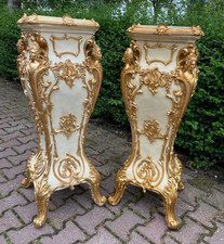 Pedestals Pair Italian Baroque Cream Gold Marble Effect Display Stands Vintage