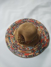 Straw Brown, 3D Flower Multi Coloured Paisley Striped Wide Brim Floppy Sun Hat,