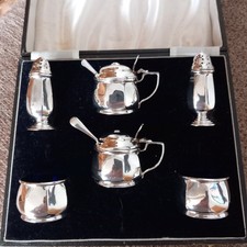 Boxed Sterling silver condiment set Birmingha 1936 - 8 pieces - 4 Blue Liners. 