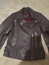 Ladies Leather Burgundy Distressed Biker Jacket Size Medium Zips