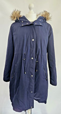 NEW Seraphine Maternity Parka Coat Size 12 Navy Blue Faux Fur Lining Hood Midi